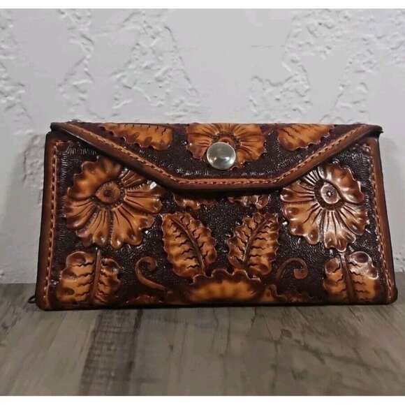 Unbranded Handbags - Women's leather embossed floral snap wallet card slots zipper pouch Gem Studded
